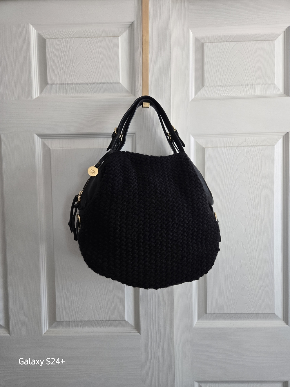 UGG Black Knit Leather Trim Hobo Satchel Bag